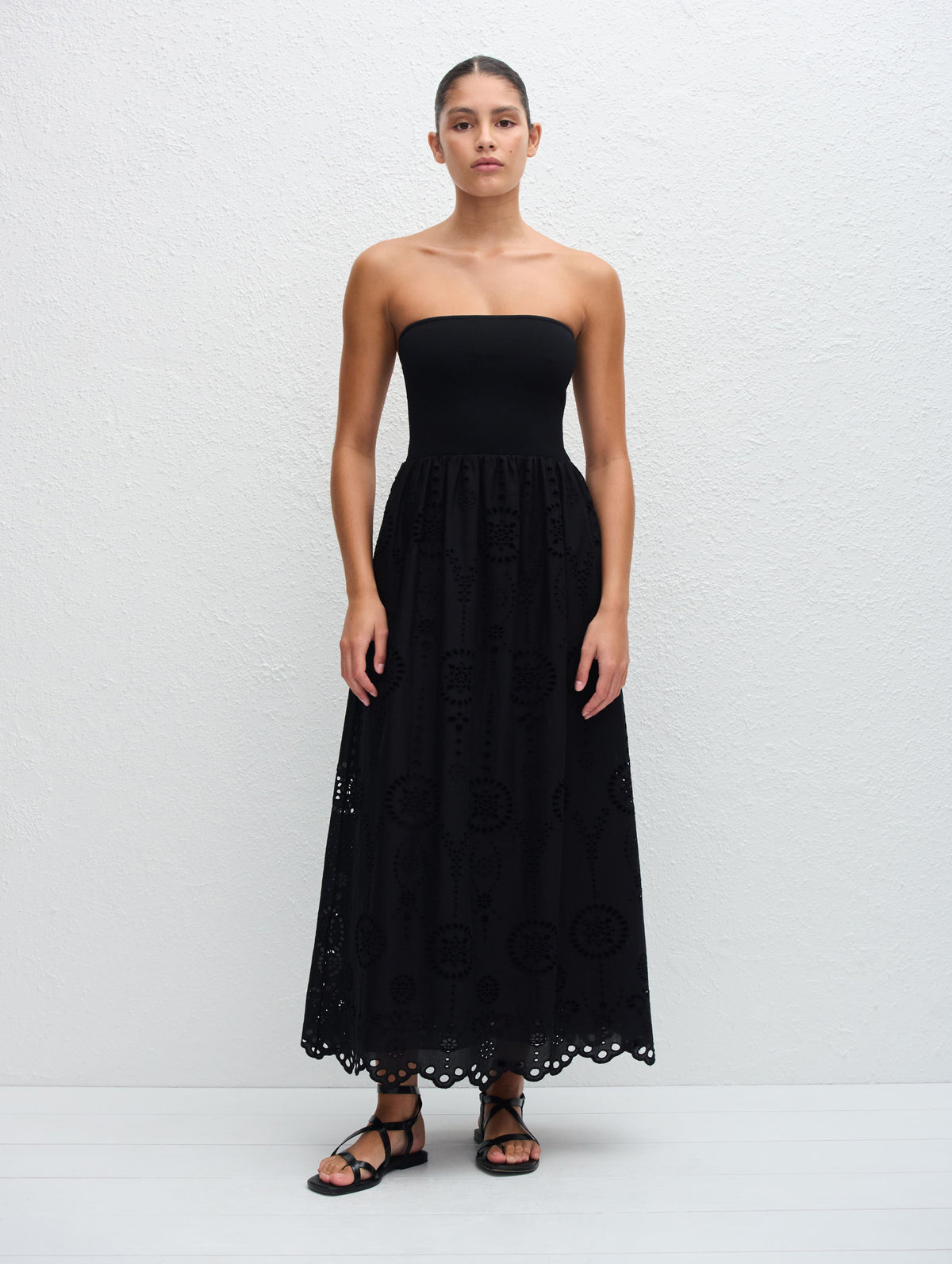 Strapless Knit and Broderie Dress in Black