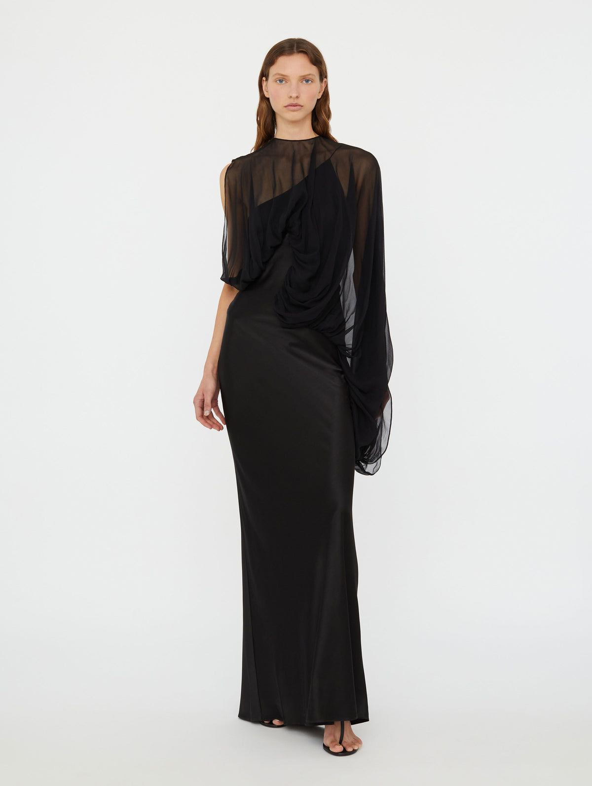 Swirl Silk Draped Sleeve Dress In Black