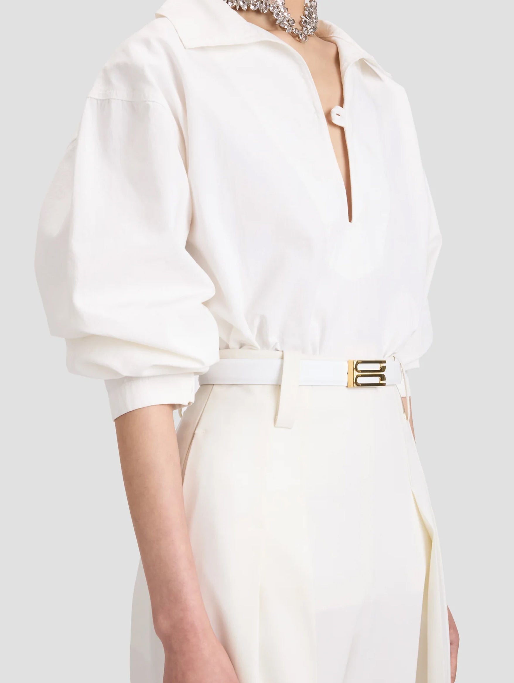 Tab Detail Denim Top in Washed White