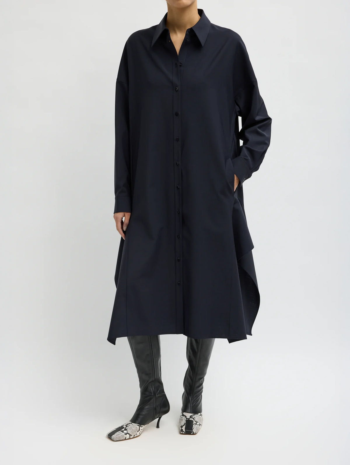 Tropical Wool Shirt Dress With Side Drape in Navy