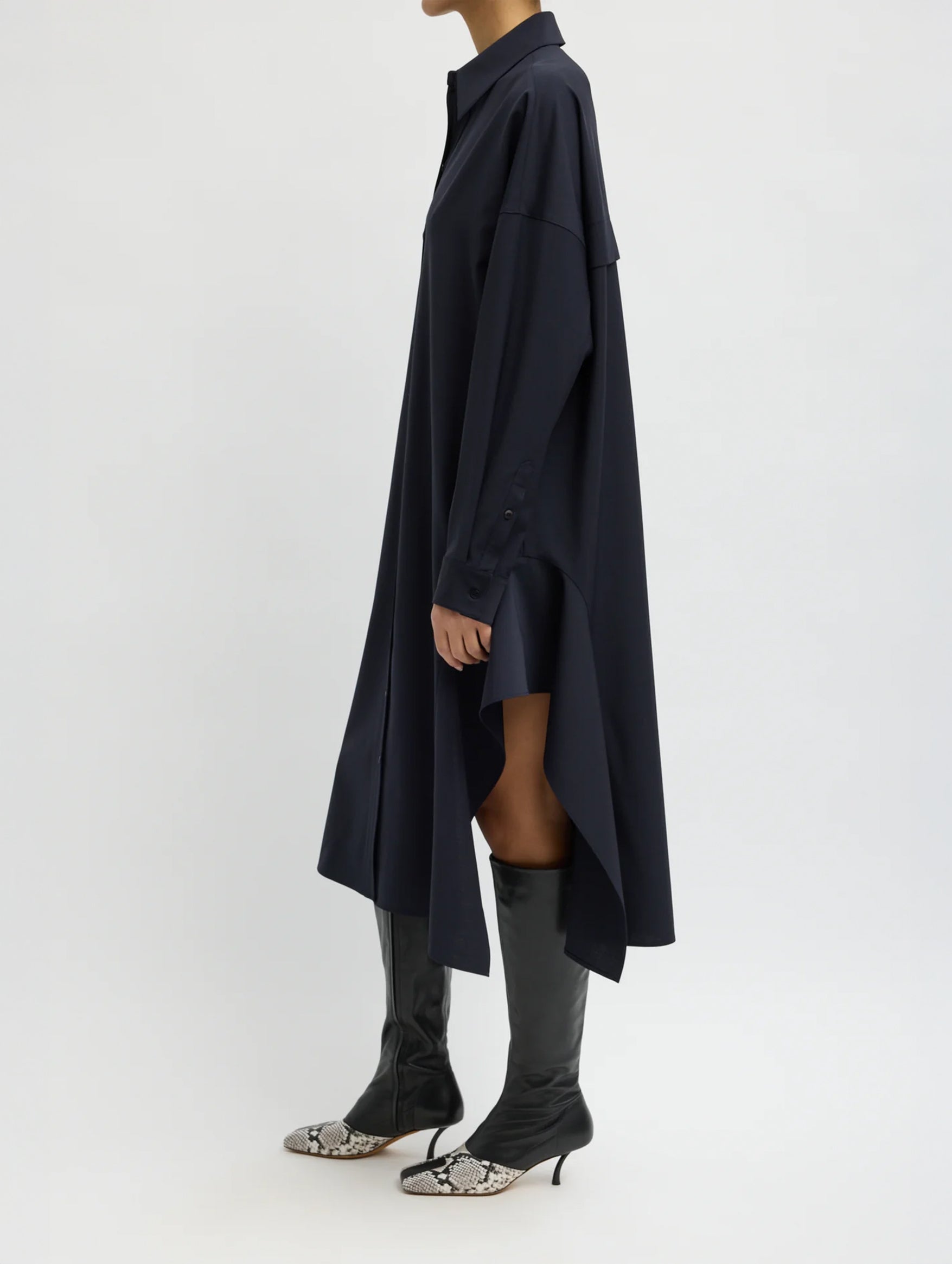 Tropical Wool Shirt Dress With Side Drape in Navy