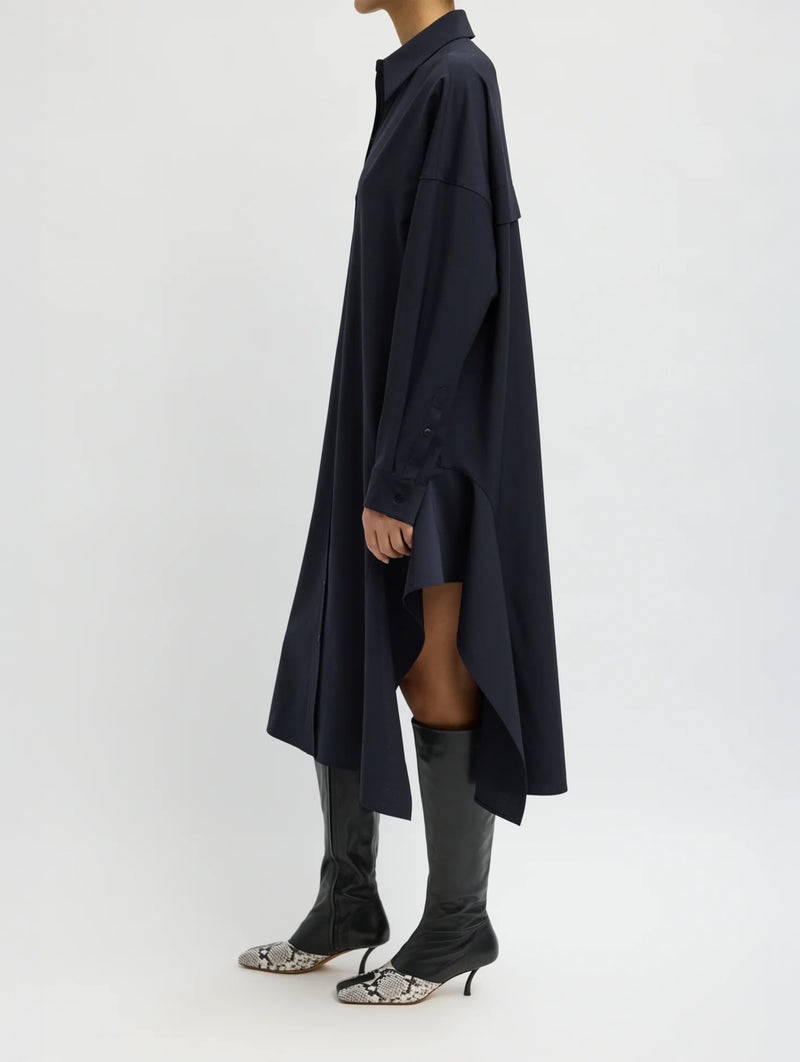 Tropical Wool Shirt Dress With Side Drape in Navy
