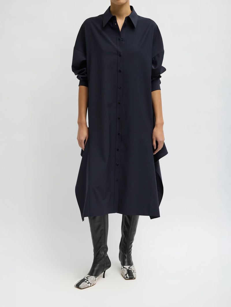 Tropical Wool Shirt Dress With Side Drape in Navy