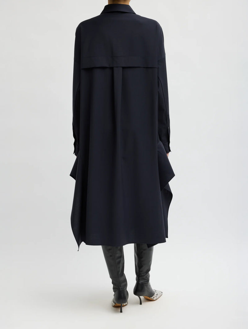 Tropical Wool Shirt Dress With Side Drape in Navy