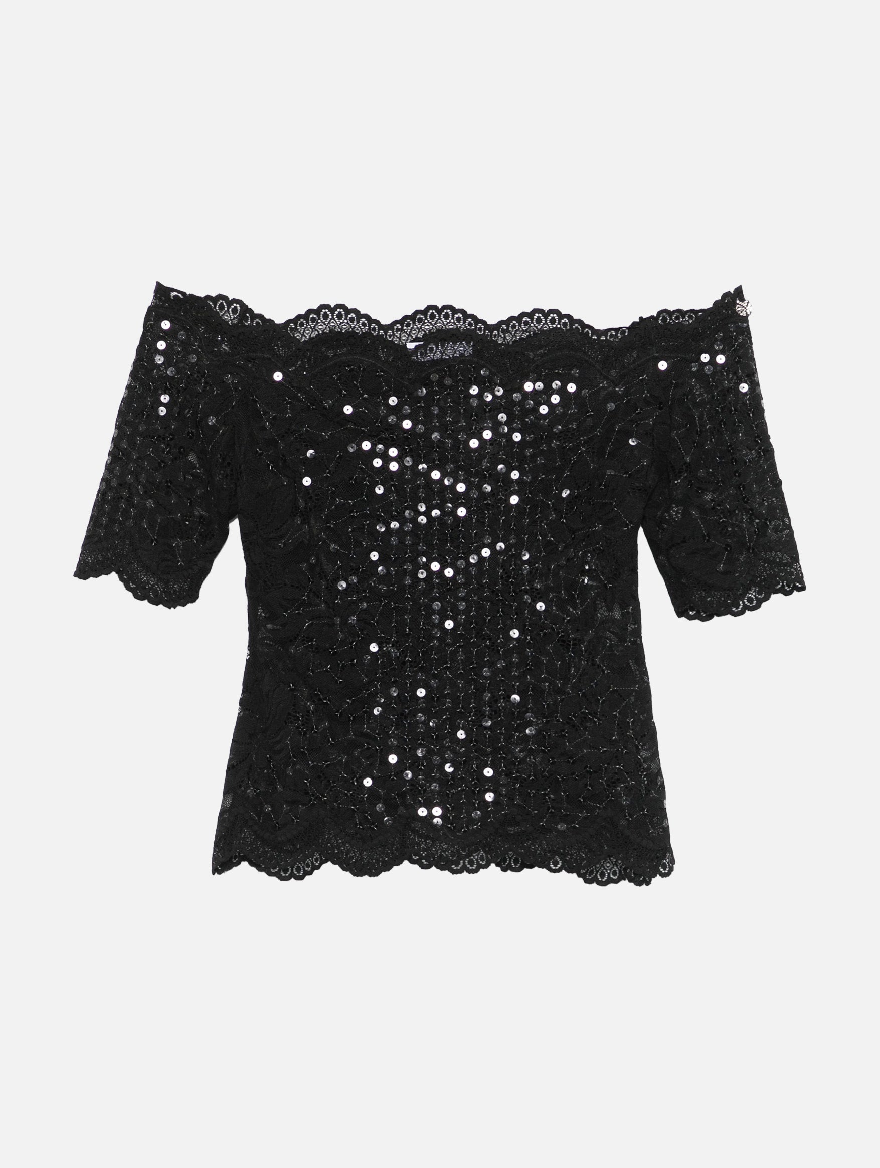 Off Shoulder Sequin Lace Top in Black