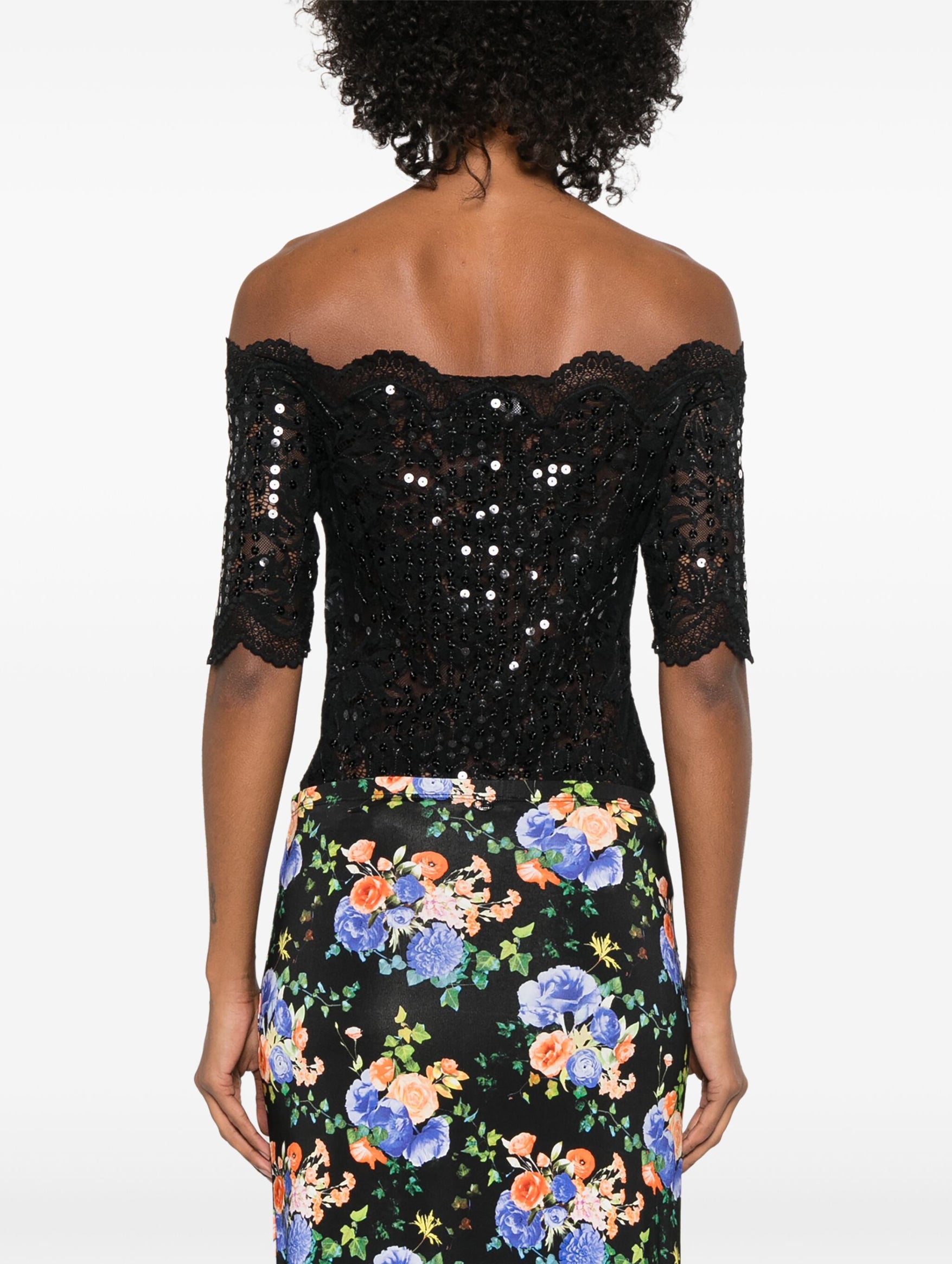 Off Shoulder Sequin Lace Top in Black