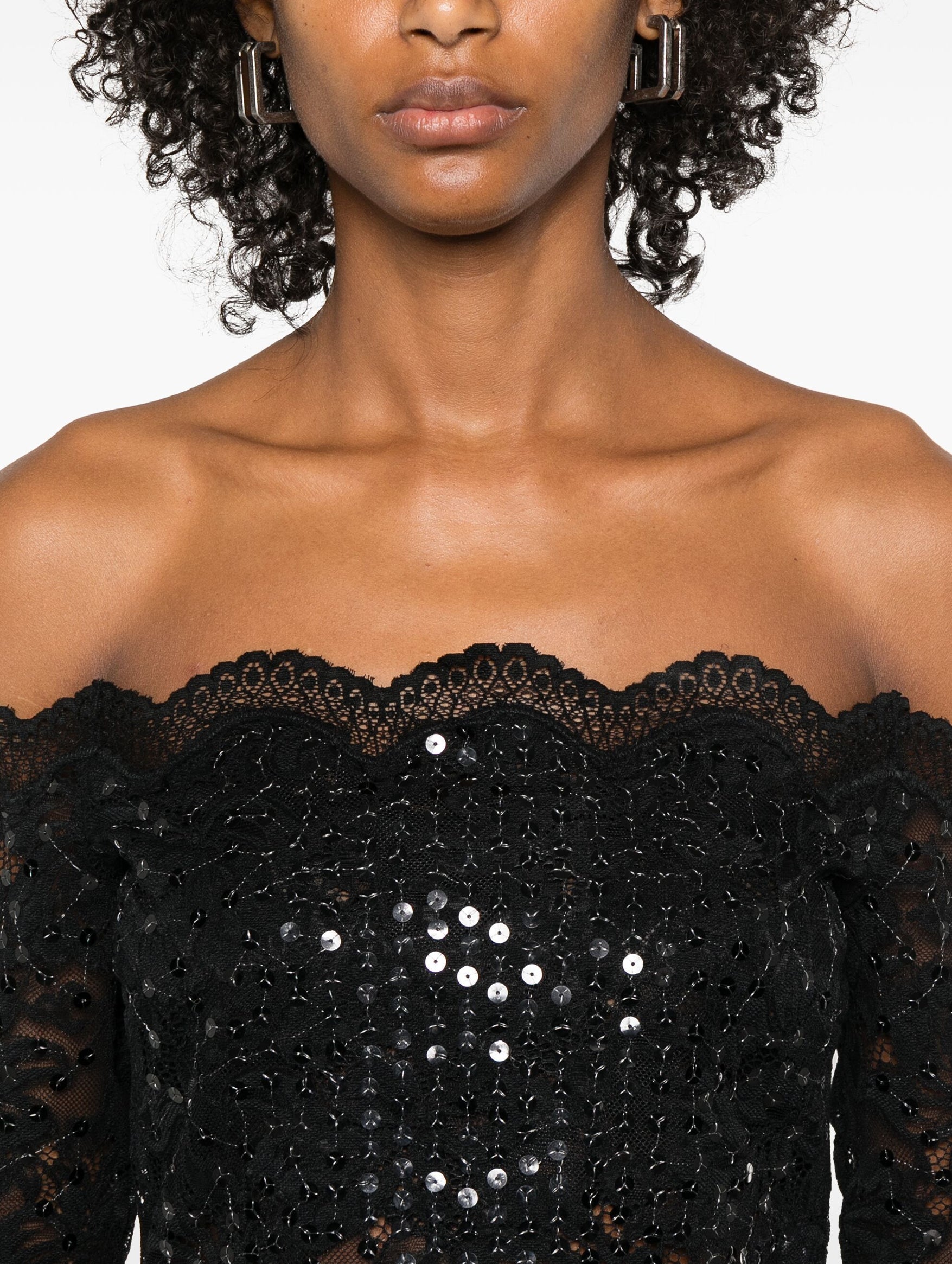 Off Shoulder Sequin Lace Top in Black