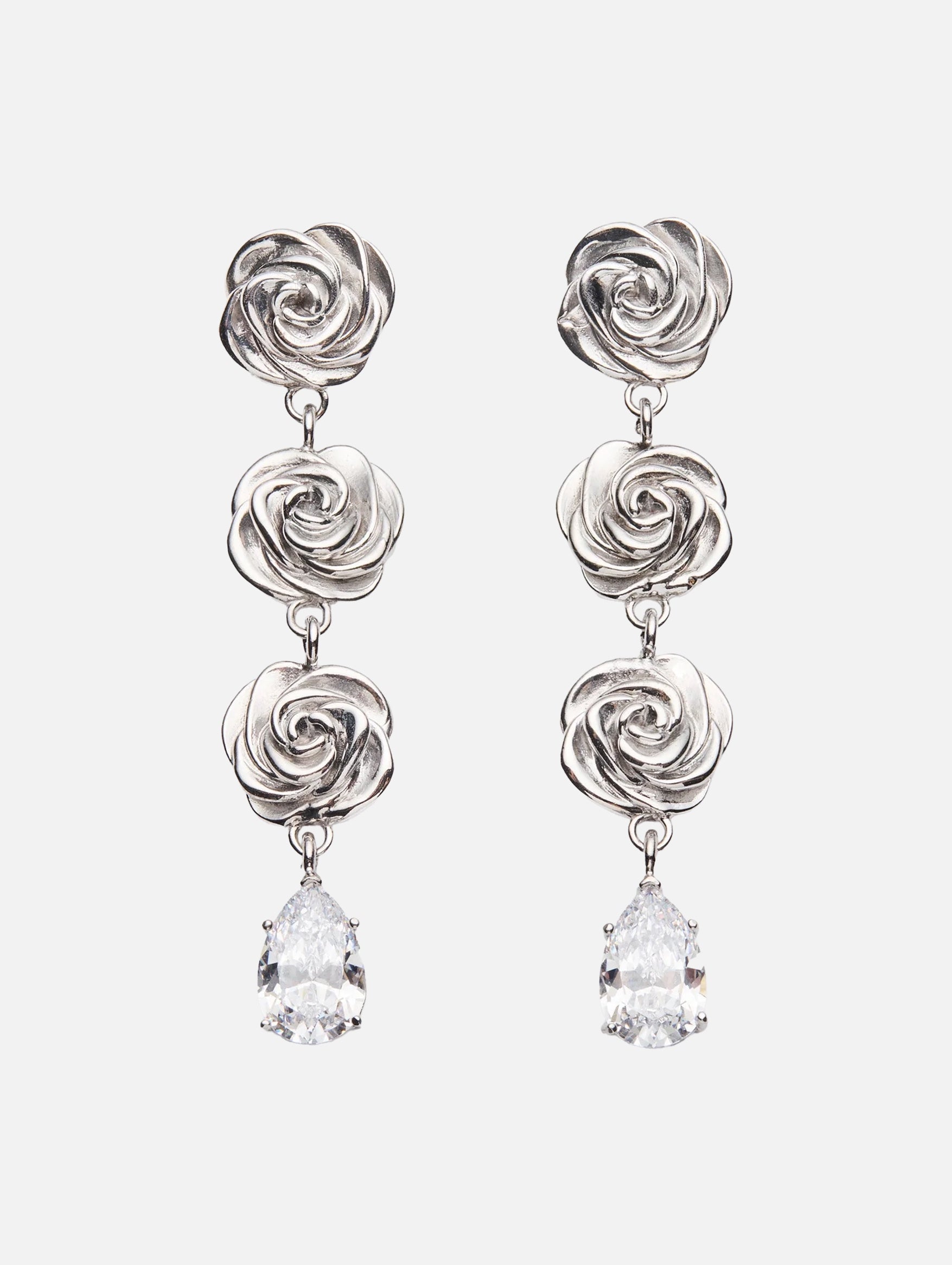 Triple Rose Crystal Drop Earrings in Silver