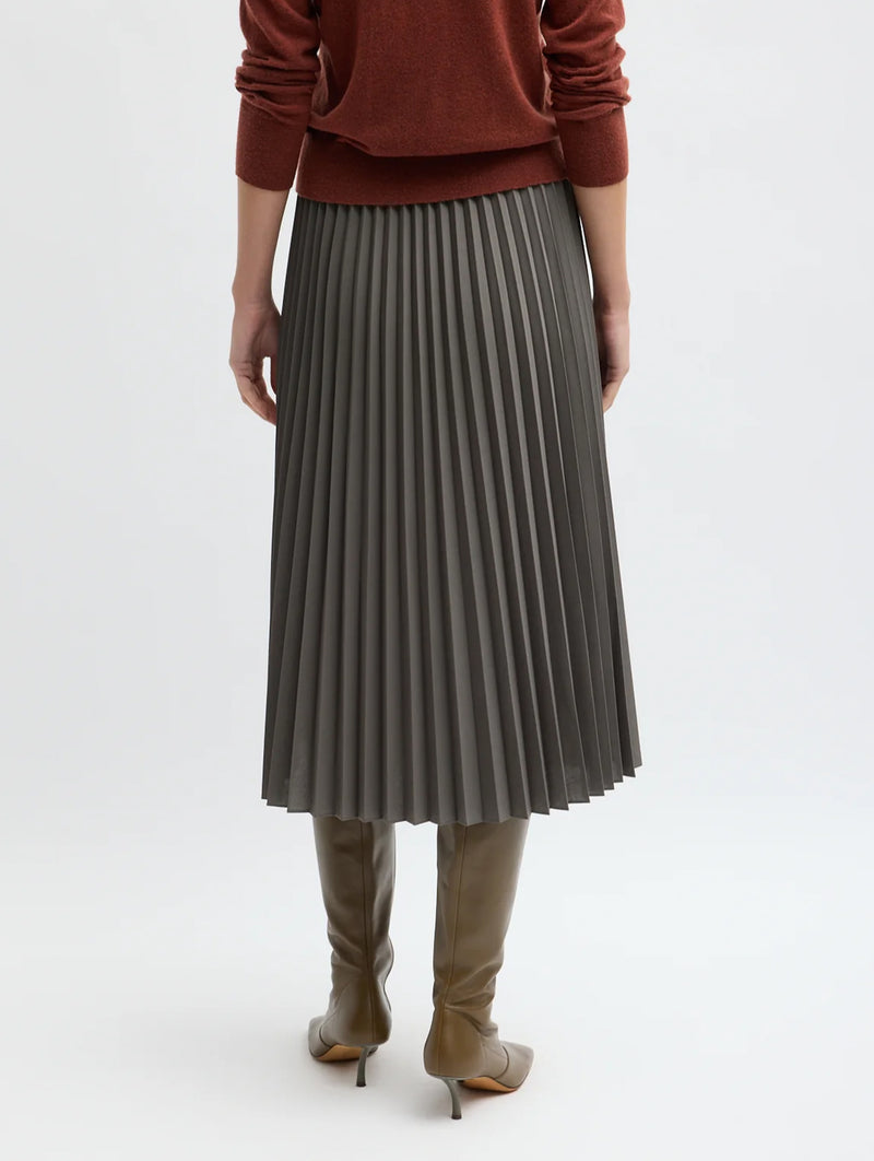 Tropical Wool Pleating Sunray Skirt in Dark Stone