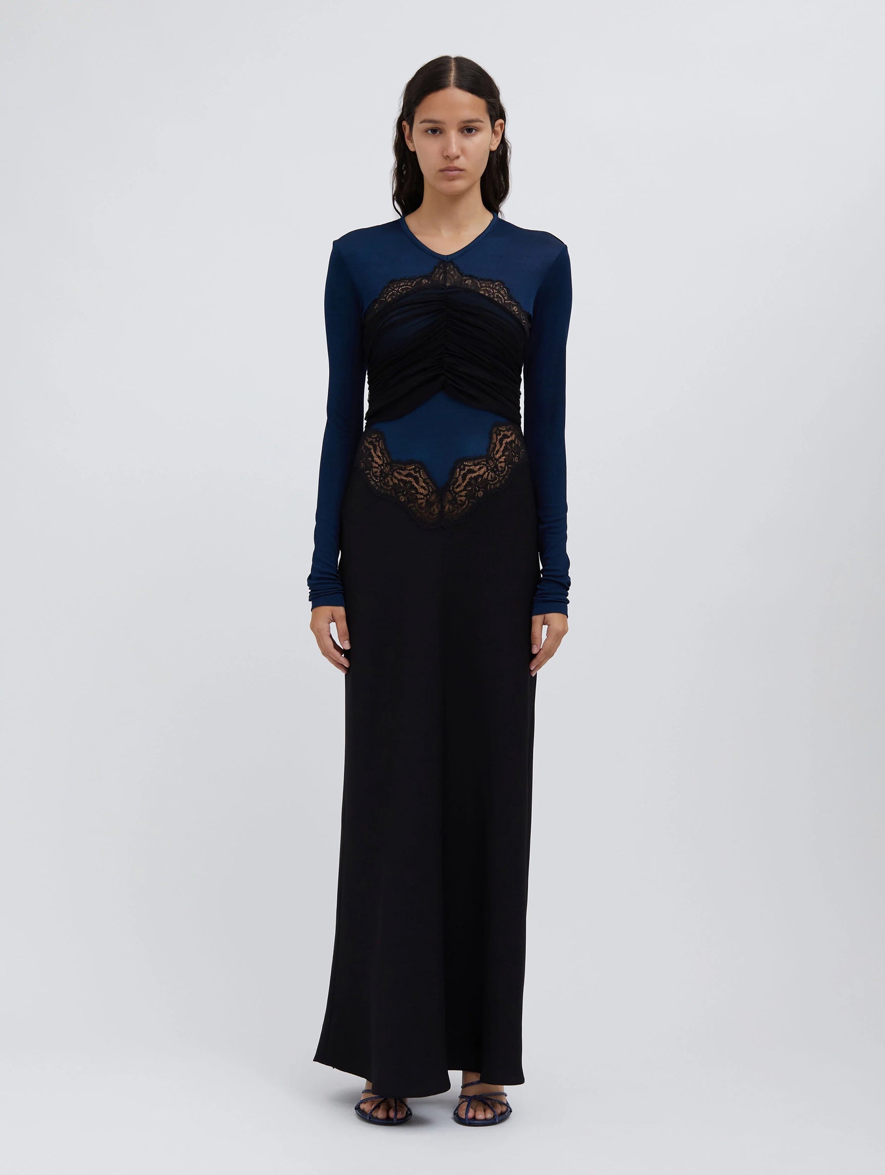 Tulle Overlay Verner Lace Dress in Blue Graphite