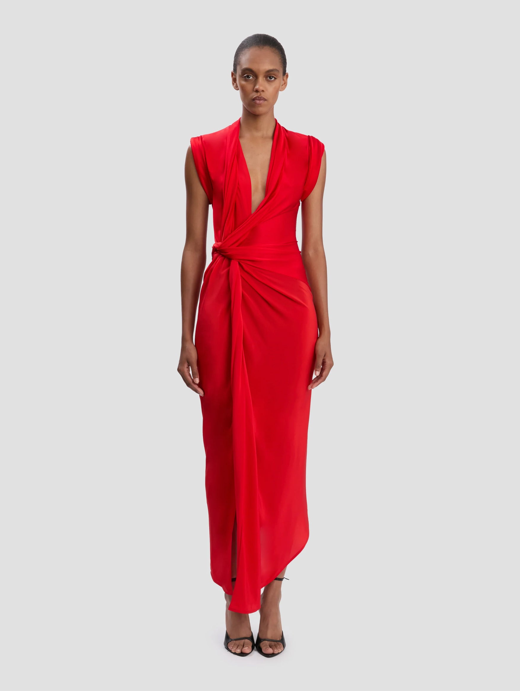 Asymmetric Twist Detail Dress in Cardinal Red