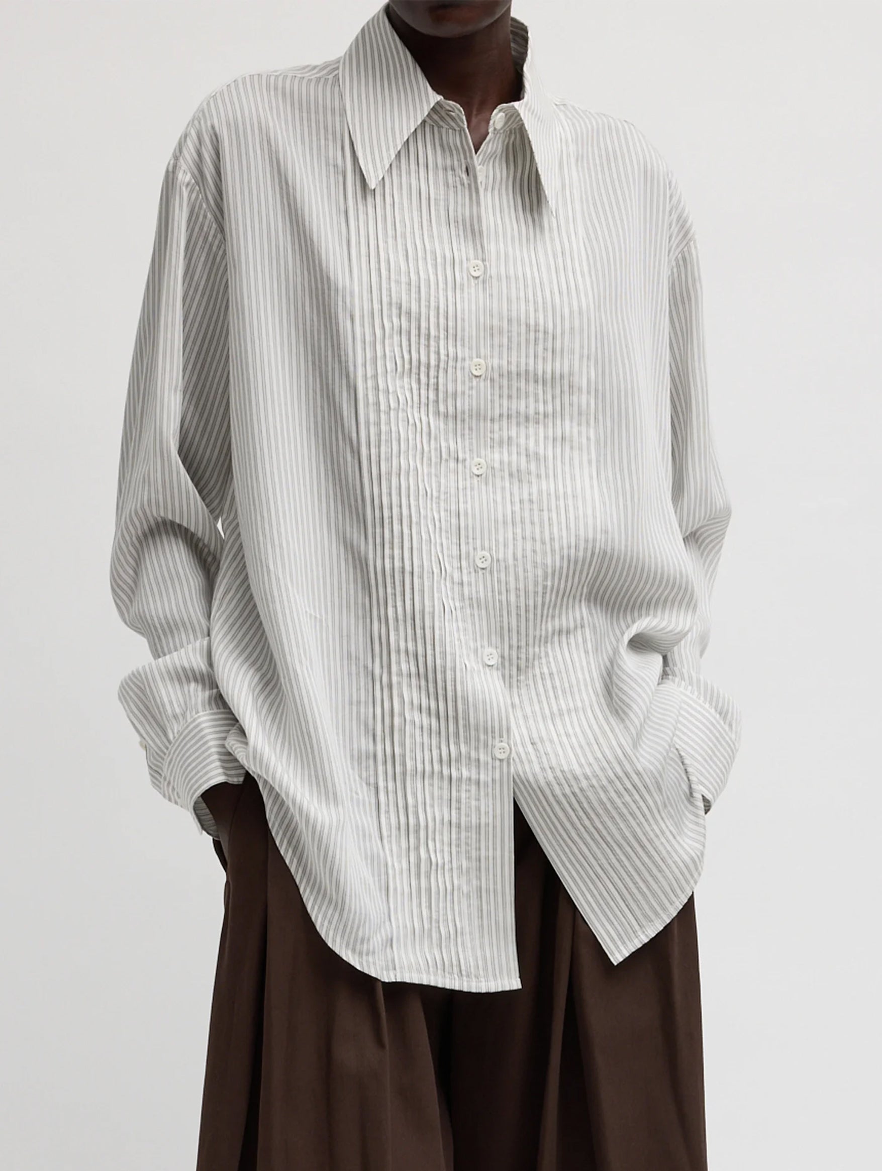 Ultra Light Silk Tencel Striped Pintucked Shirt in White Grey Multi