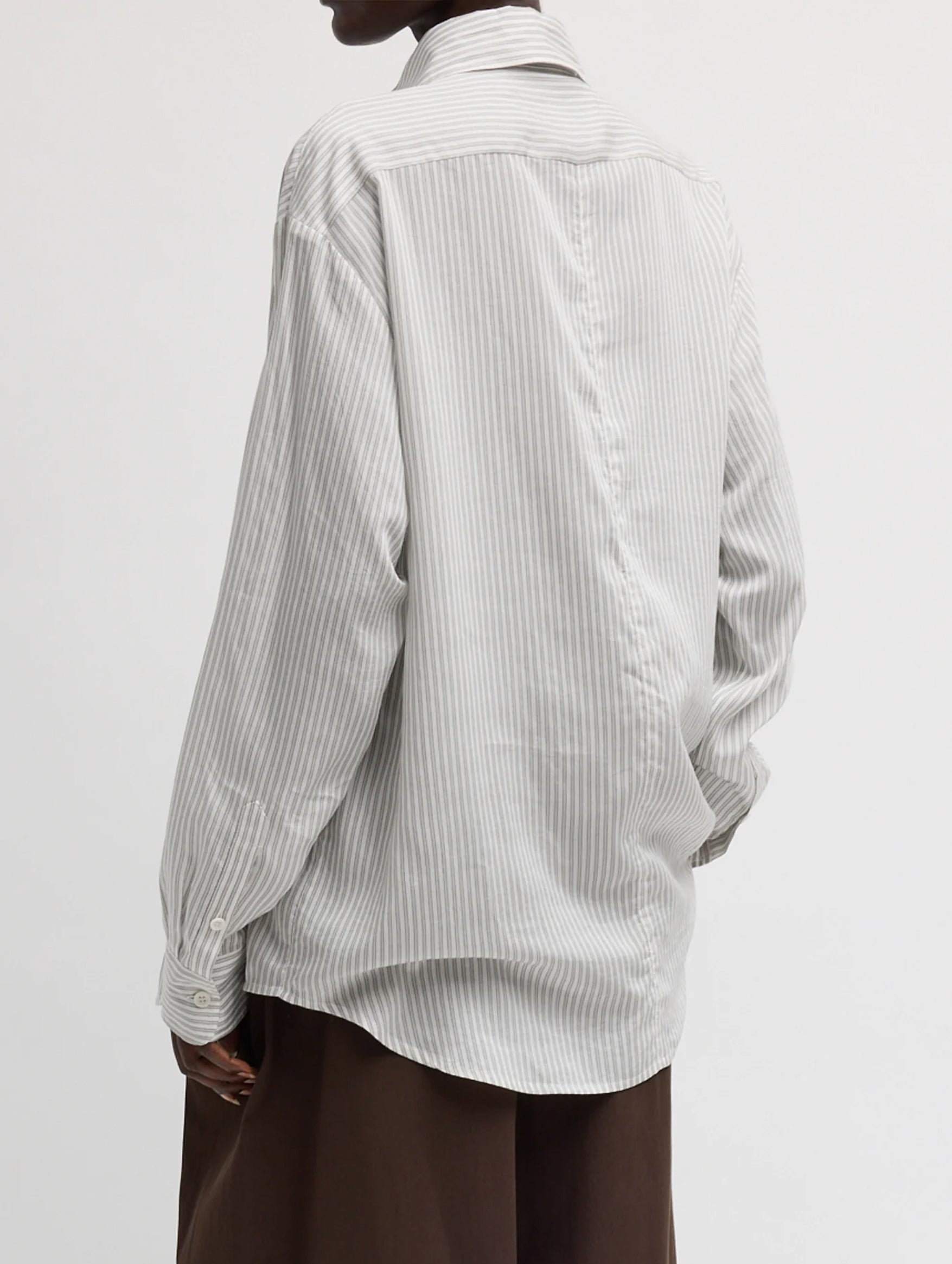 Ultra Light Silk Tencel Striped Pintucked Shirt in White Grey Multi