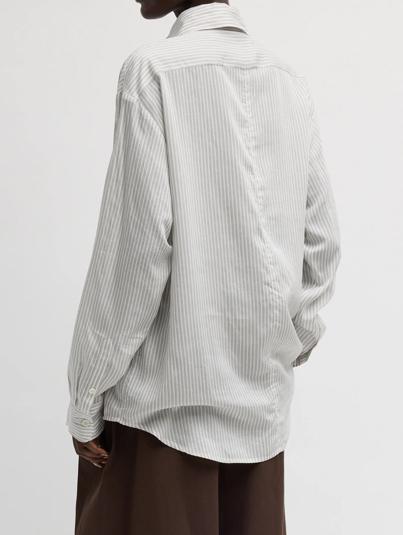 Ultra Light Silk Tencel Striped Pintucked Shirt in White Grey Multi