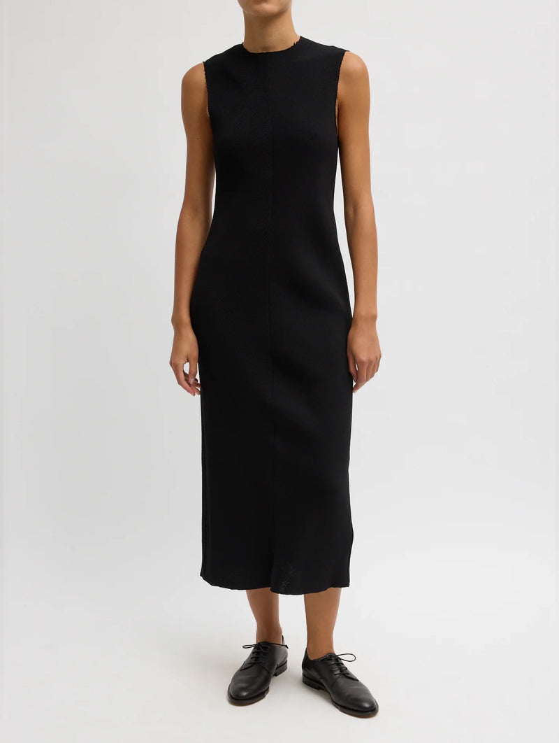 Viscose Plisse Sleeveless Bias Dress in Black