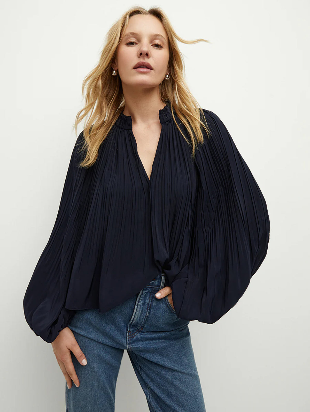 Walker Pleated Top in Navy