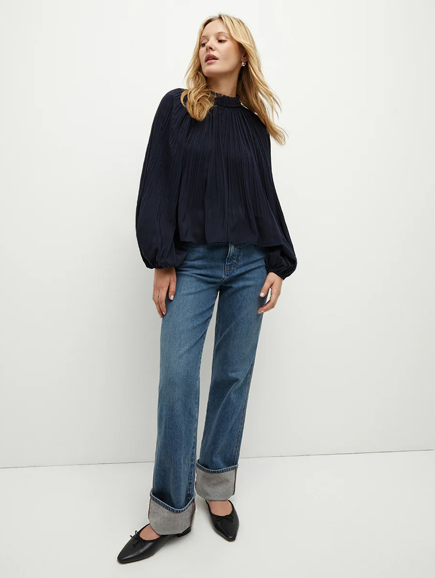 Walker Pleated Top in Navy