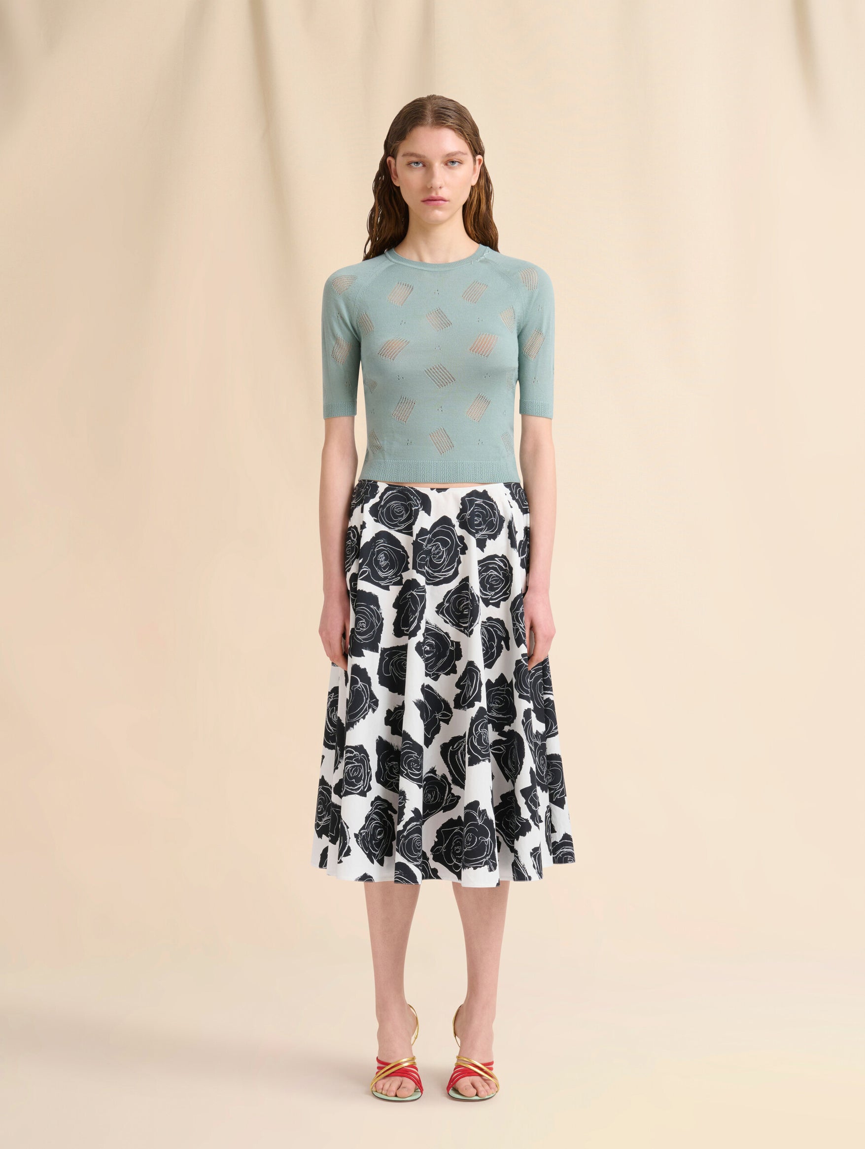 Poplin Midi Skirt with Luna Print in White