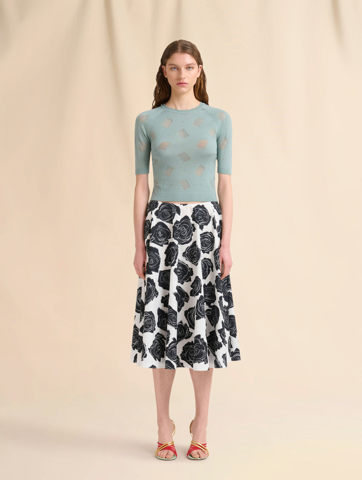 Poplin Midi Skirt with Luna Print in White