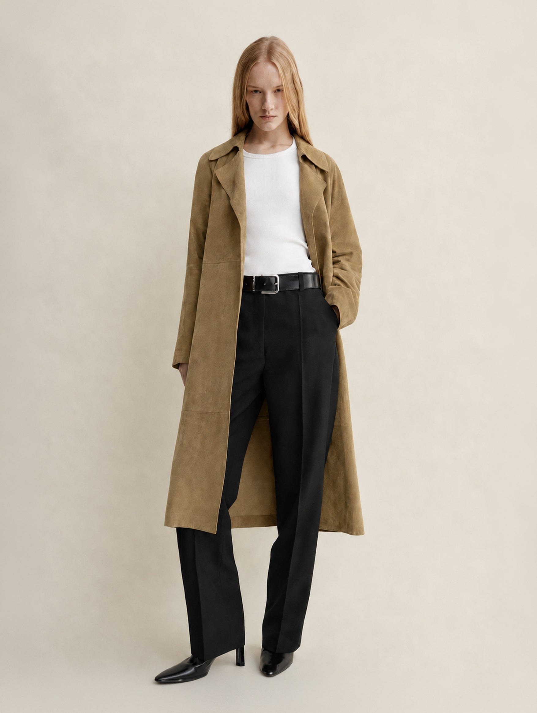 Yava Suede Coat in Dark Olive leather