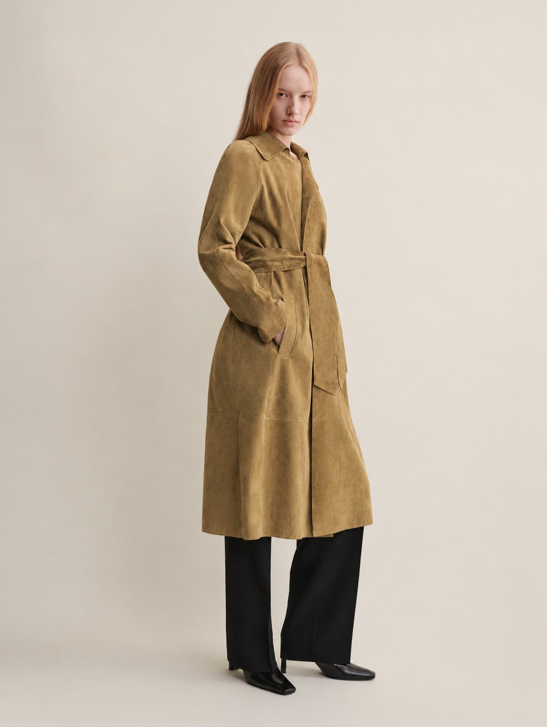 Yava Suede Coat in Dark Olive leather