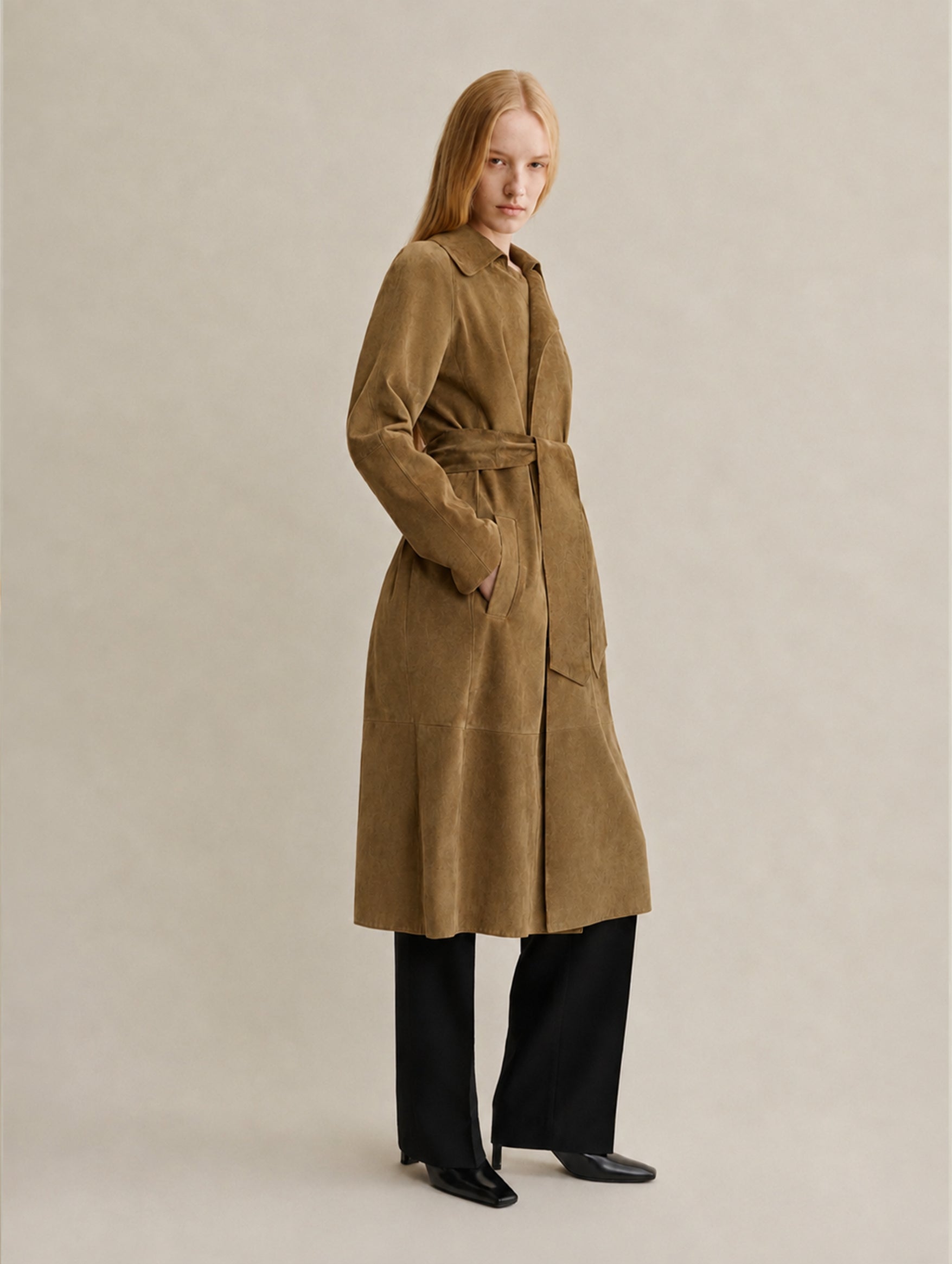 Yava Suede Coat in Dark Olive leather