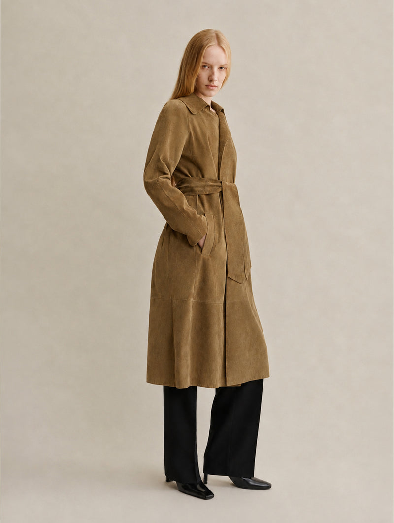 Yava Suede Coat in Dark Olive leather
