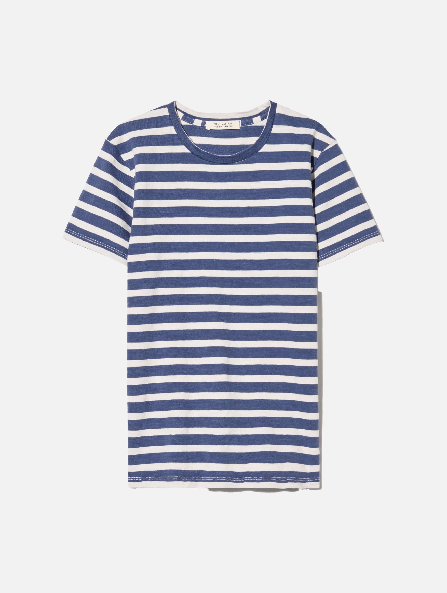 Brady Tee in French Blue and Off White Stripe