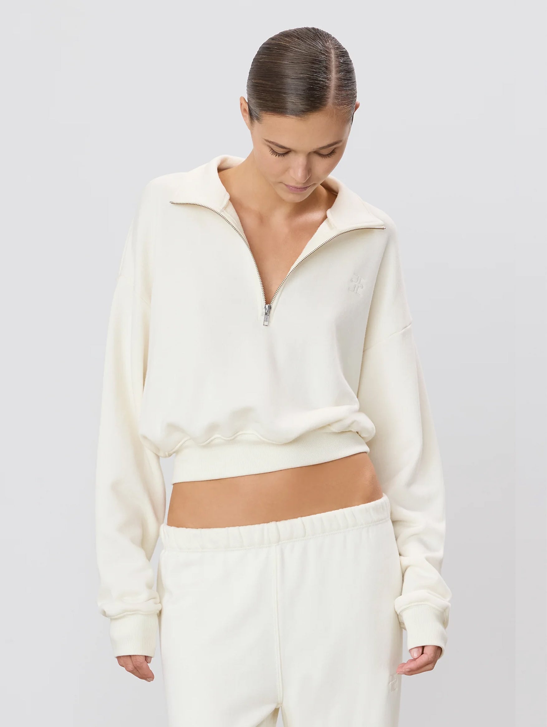 Cropped Half-Zip Sweatshirt in Cream