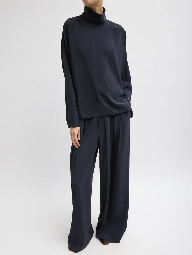 Relaxed Suiting Funnel Neck Dolman Sleeve Top in Navy