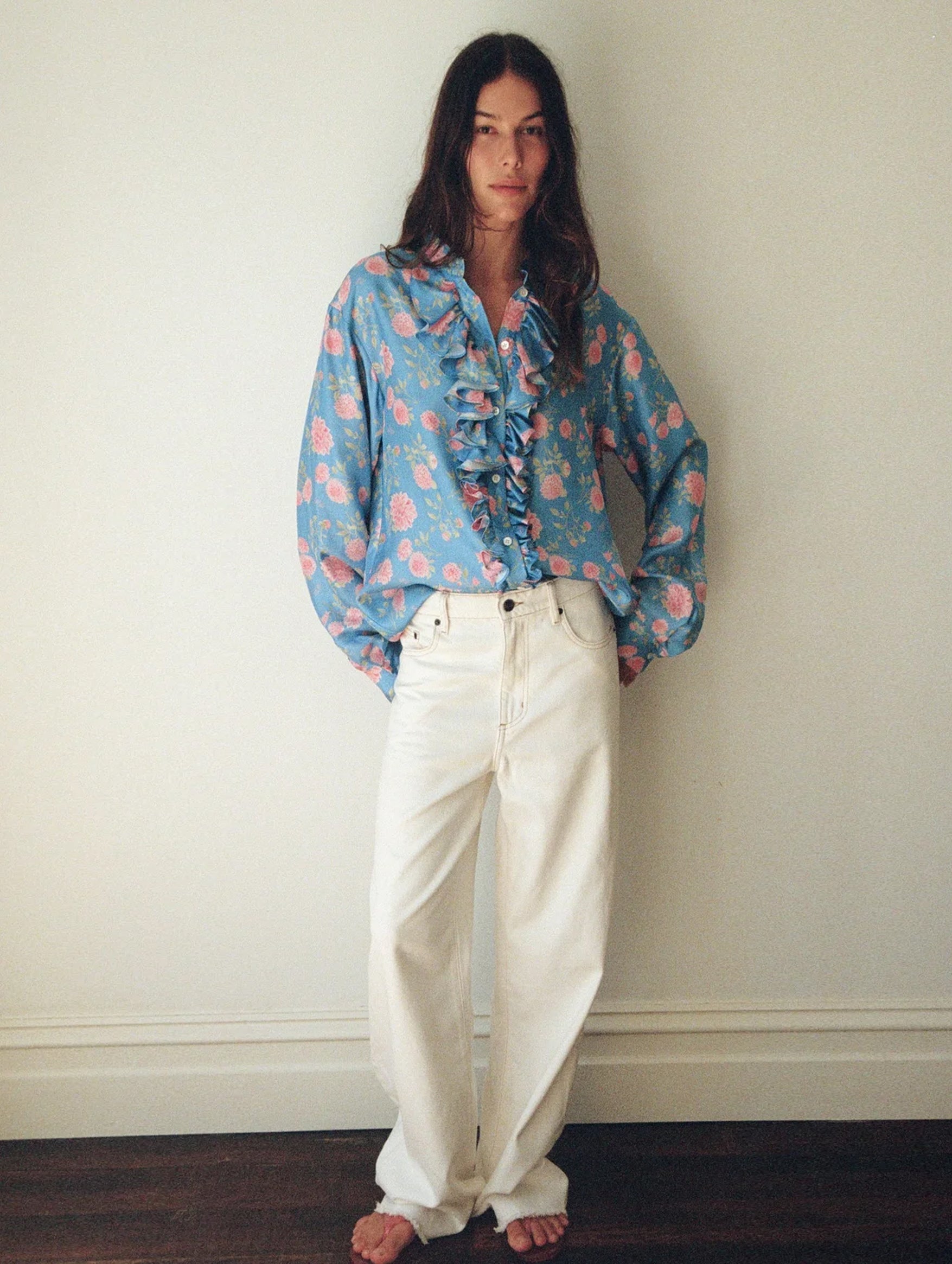 For The Frill Of It Shirt in Strawberry Dahlia Cornflower Blue