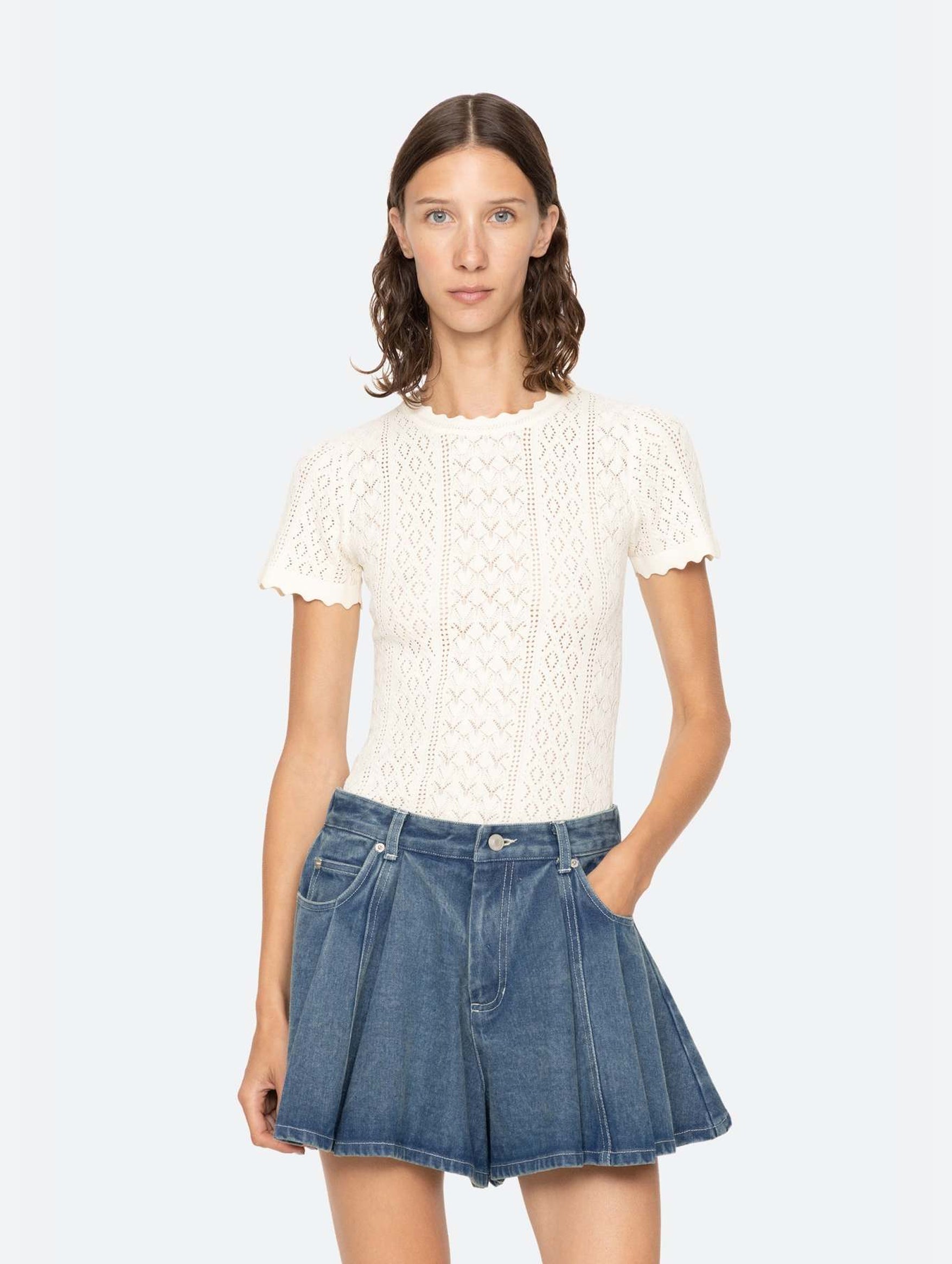 Georgia Knit Short Sleeve Sweater Top in Cream