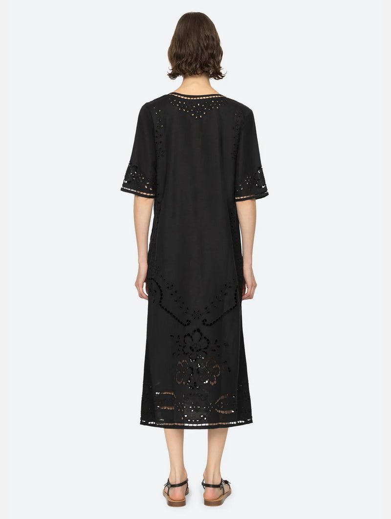 Lula Embroidery Midi Dress in Black