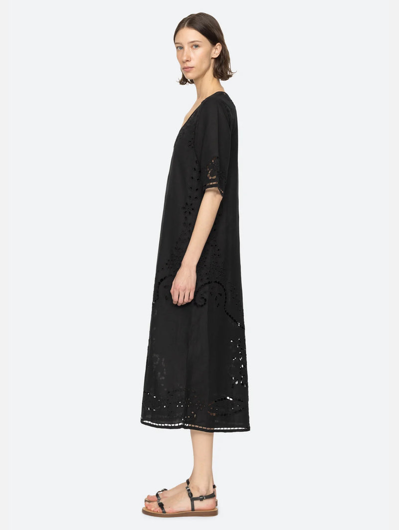 Lula Embroidery Midi Dress in Black
