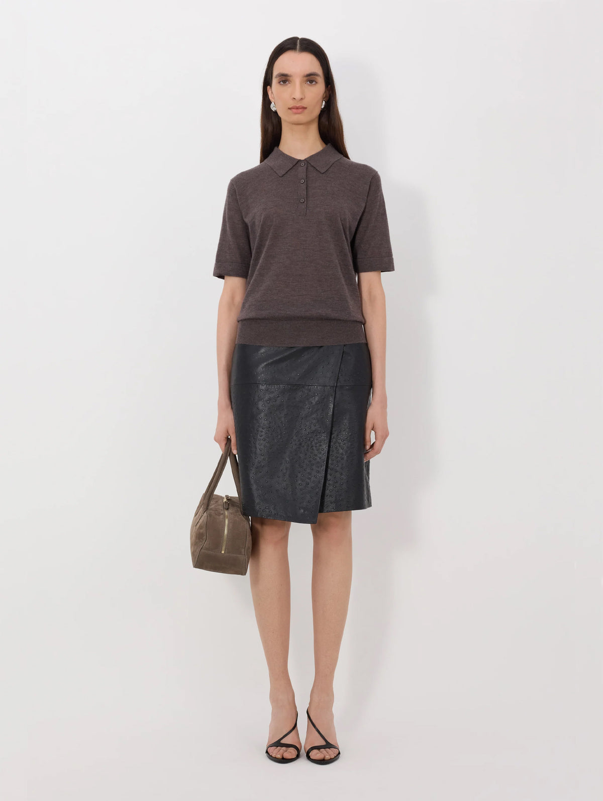 Migo Cashmere Polo Top in Brown Melange