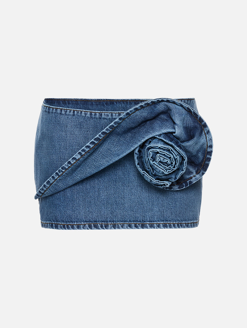 Rose-Detail Denim Mini Skirt in Dark Blue