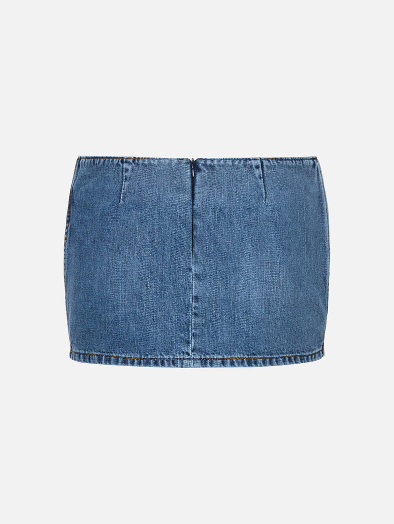 Rose-Detail Denim Mini Skirt in Dark Blue