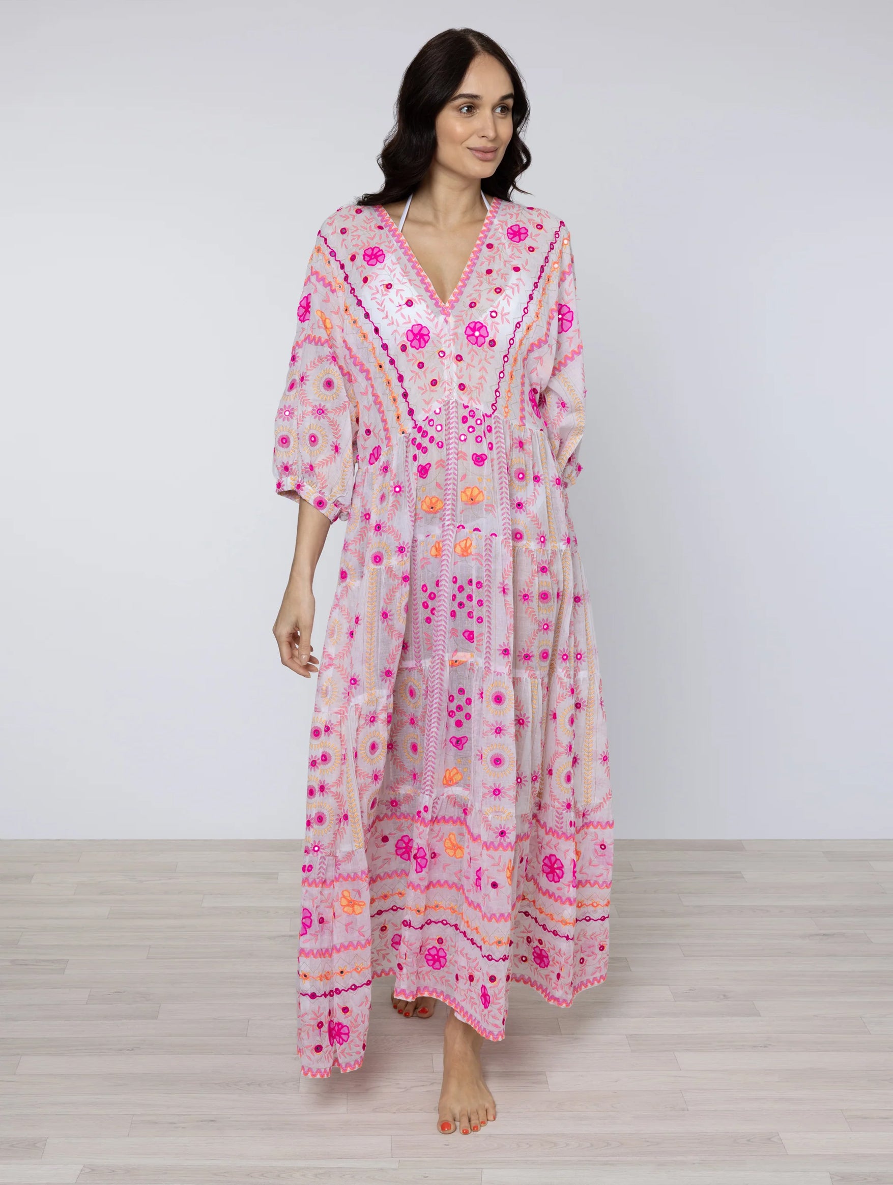 V-Neck Loose Maxi Mirrors Dress in Pink Multi