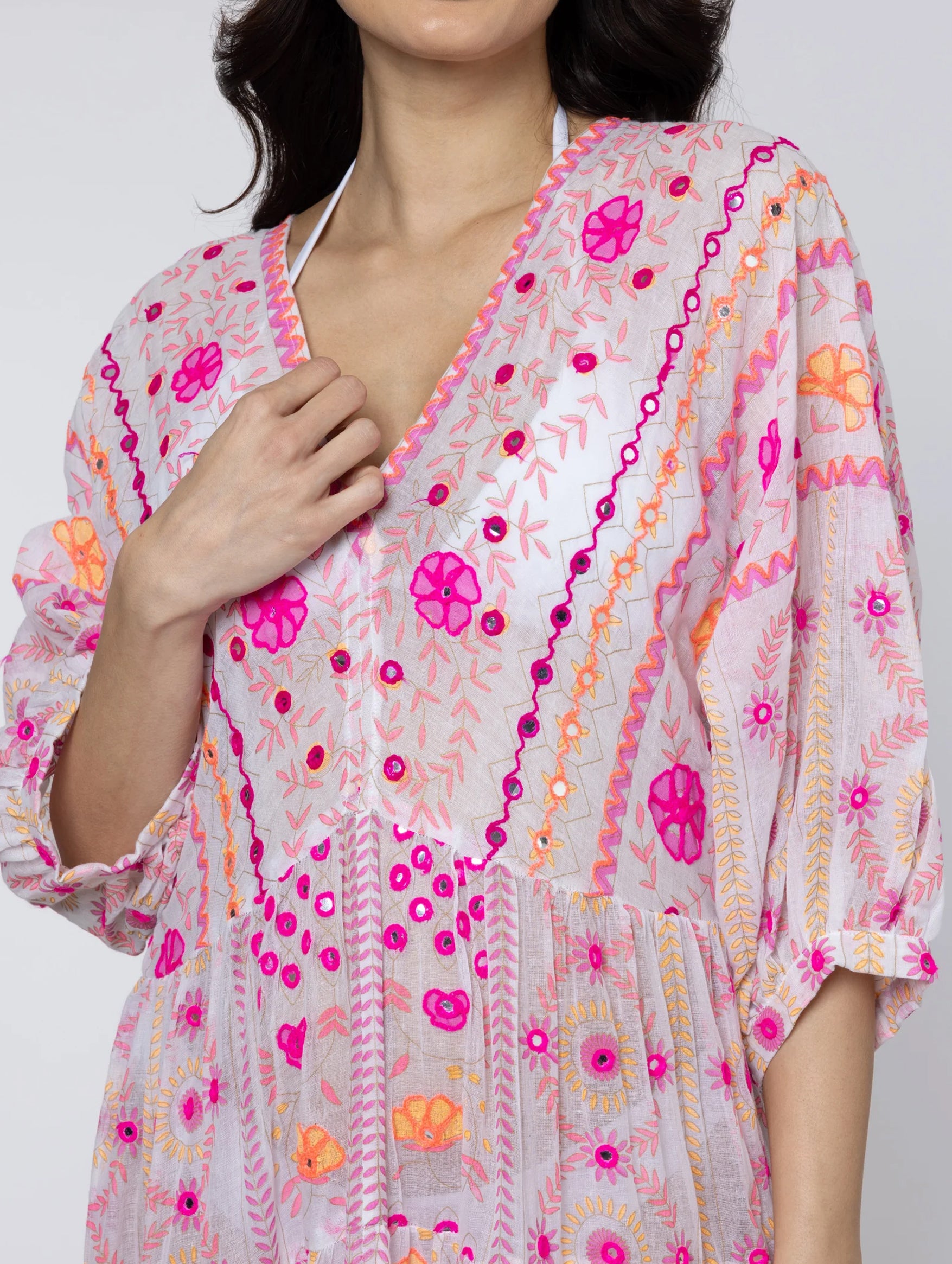 V-Neck Loose Maxi Mirrors Dress in Pink Multi