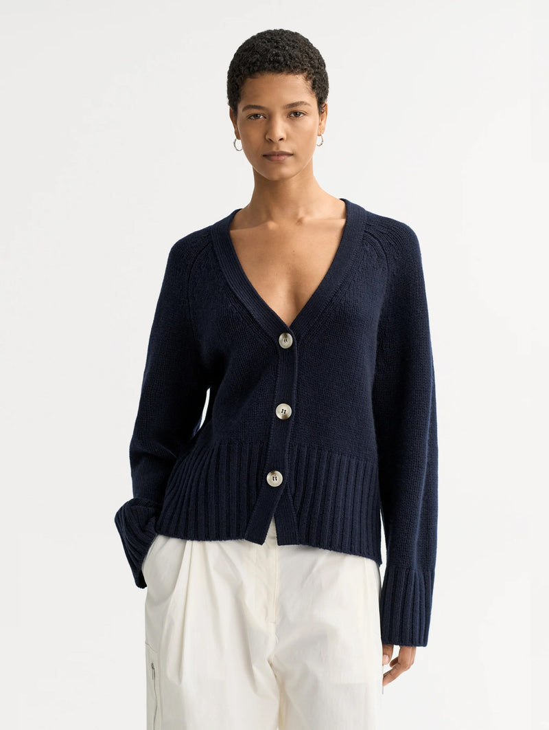 V Neck Cashmere Cardigan in Navy