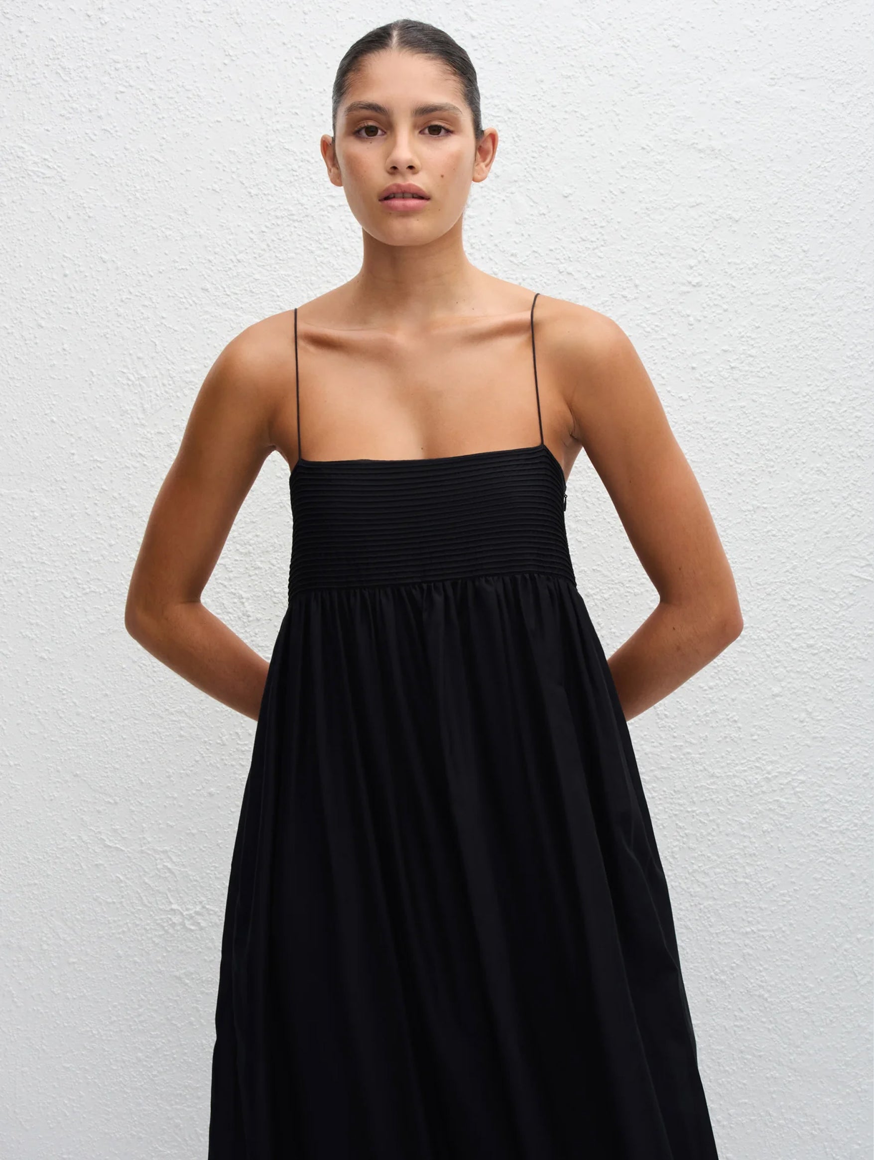 Empire Pintuck Bodice Dress in Black