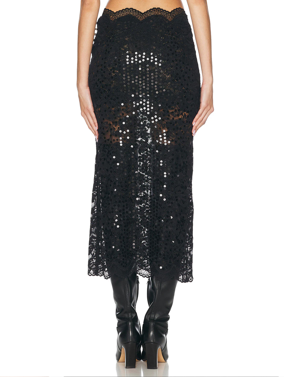 Sequin Lace Midi Skirt in Black