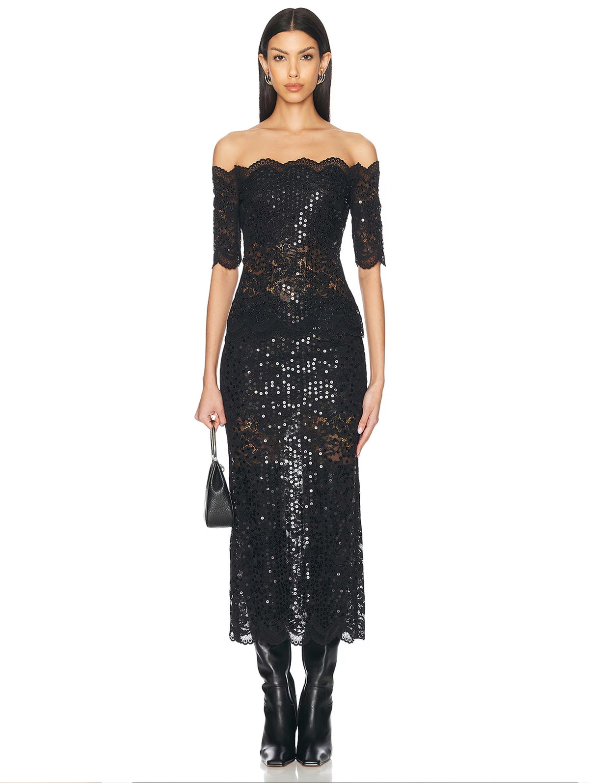 Sequin Lace Midi Skirt in Black