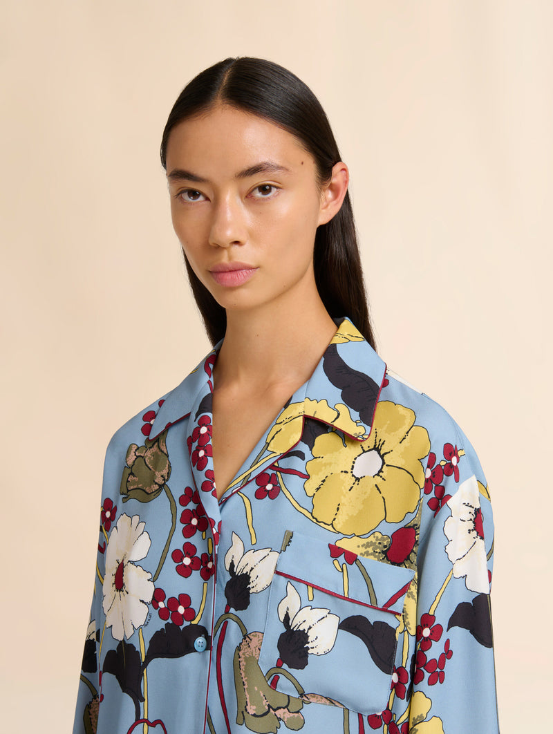 Blue Envers Satin Shirt in Melodia Print