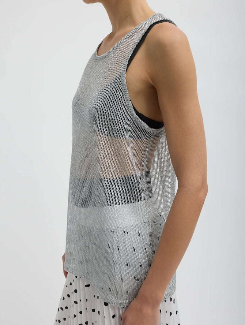 Viscose Metallic Ribbed T Tank in Silver