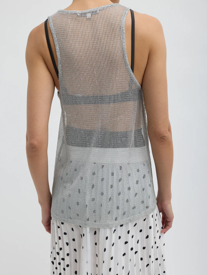 Viscose Metallic Ribbed T Tank in Silver