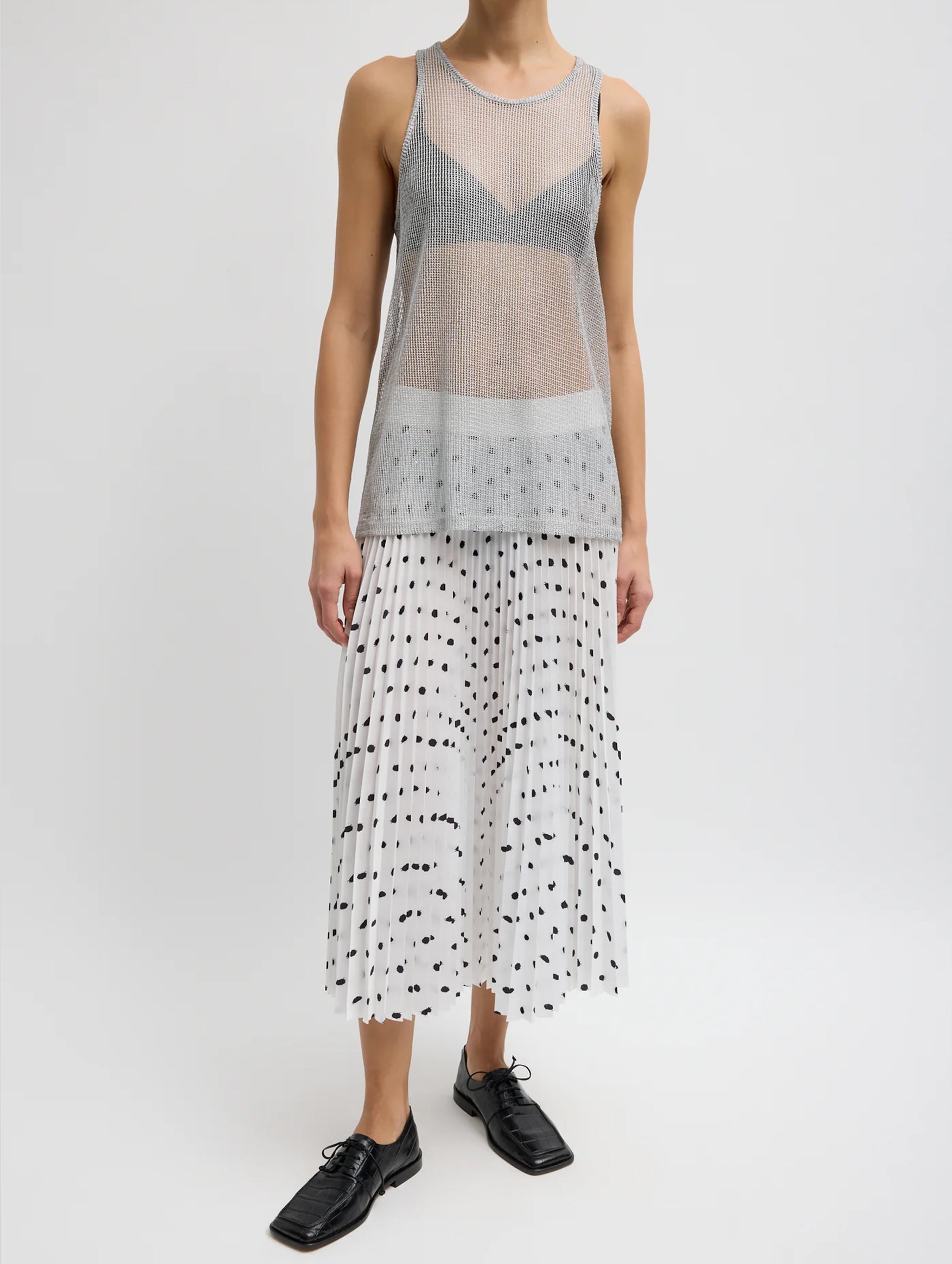 Viscose Metallic Ribbed T Tank in Silver