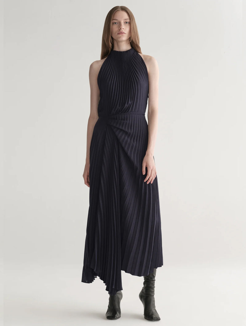 Simona Pleated Dress in Deep Navy