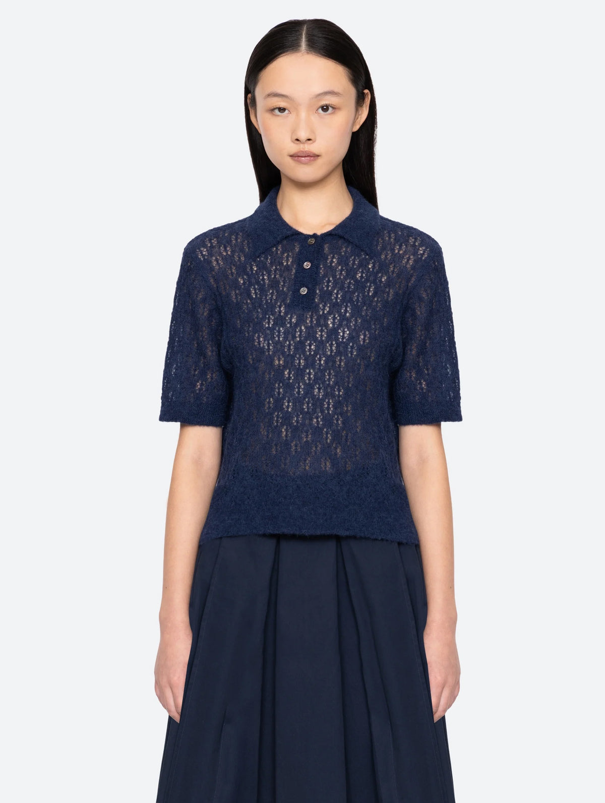 Teagan Knit Short Sleeve Sweater in Navy