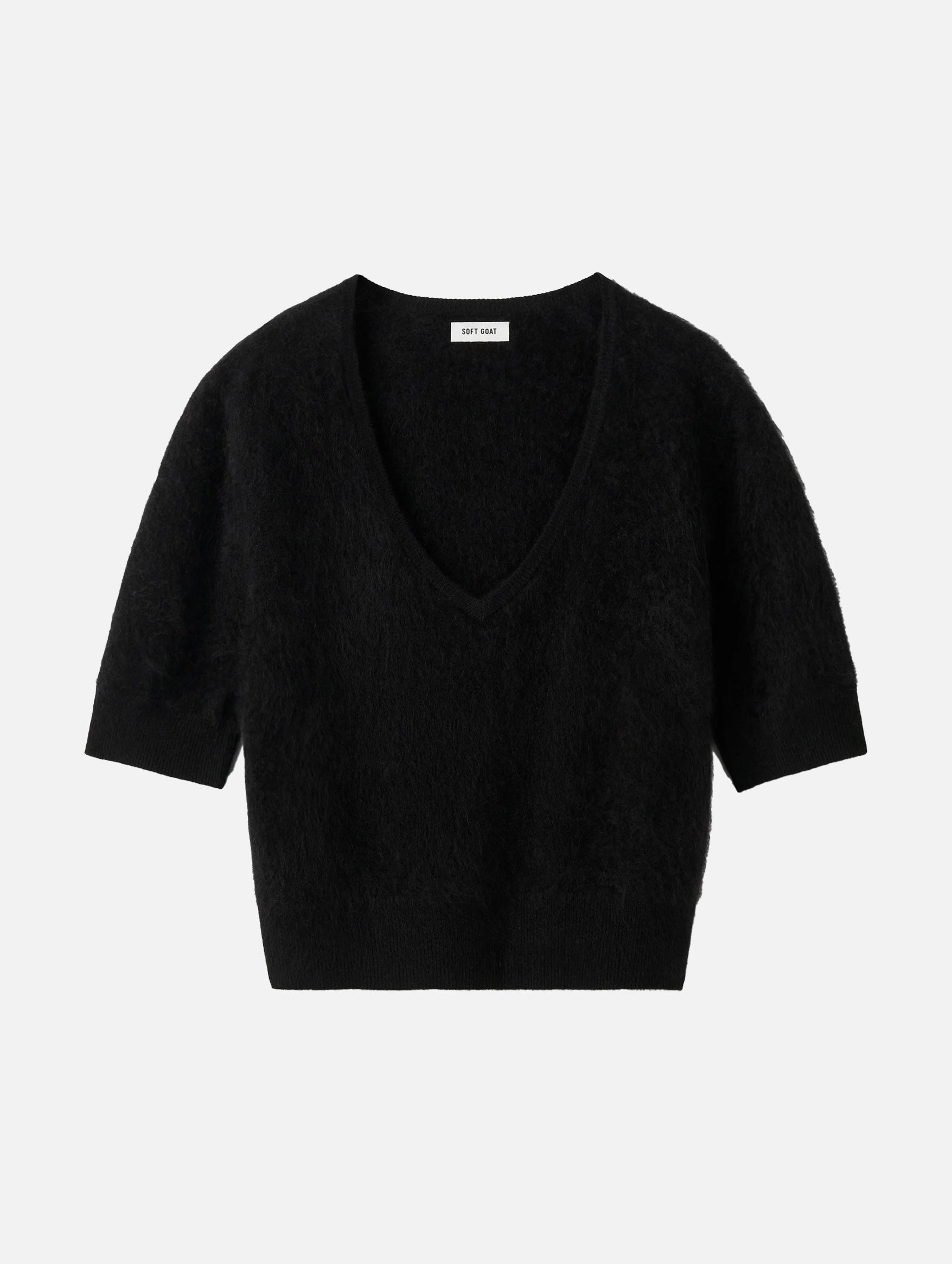 Brushed Cashmere V Neck T-shirt in Black